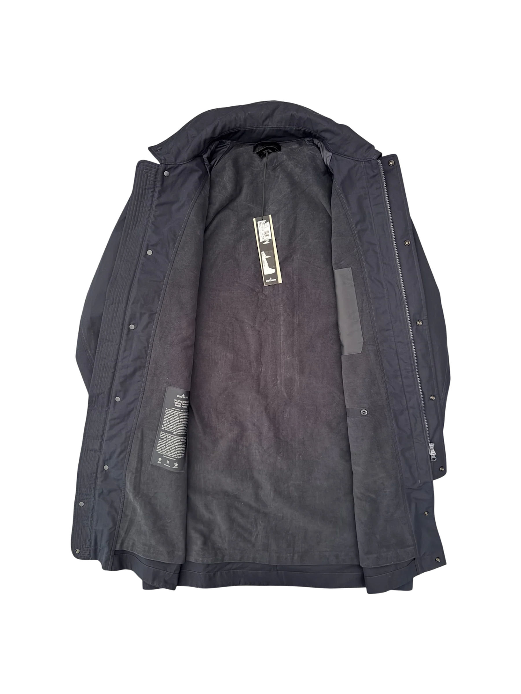 Stone Island 'Weatherproof Cotton Canvas Ghost Piece' Navy Long Jacket - Large - Image 2
